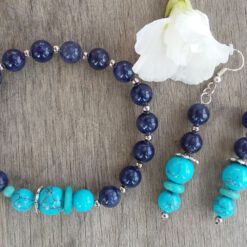 Titokzatos kincs – kék kvarc, rekonstruált türkiz ásvány karkötő és fülbevaló