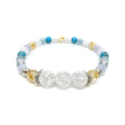 Hormonháztartást szabályozó, pajzsmirigy működést kiegyensúlyozó, energetizáló - repesztett hegyikristály, citrin, kalcedon, hegyikristály, akvamarin, türkiz ásvány karkötő
