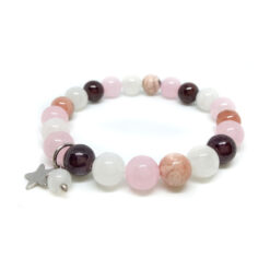 Szorongást-, félelmeket oldó, hangulatingadozásokat csökkentő, vidámságot, nyitottságot hozó - rodokrozit, rózsakvarc, holdkő, gránát ásvány karkötő